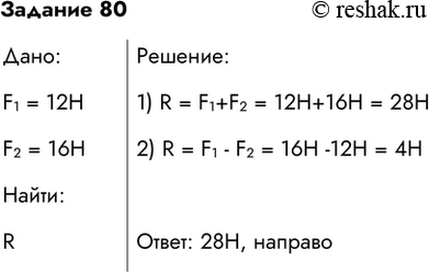 Изображение 80. На тело действуют две силы 12 и 16 Н, направленные по одной прямой вправо. Чему равна равнодействующая этих сил и куда она направлена?Решение:1)	R = F1+F2=...