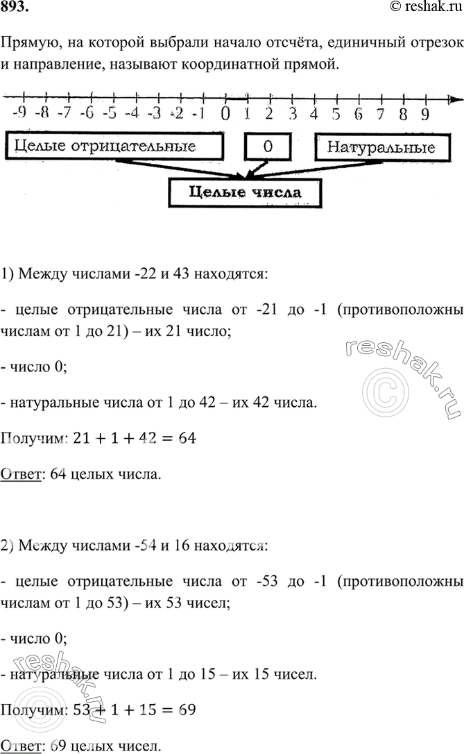 Изображение 893 Сколько целых чисел расположено на координатной прямой между числами:1) -22 и 43;2) -54 и...