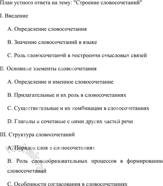 Изображение 89. Составьте план устного ответа на тему: «Строение словосочетаний». Расскажите о словосочетаниях, приведите конкретные примеры. Оцените собственный ответ. В случае...
